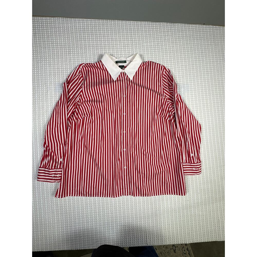 Lauren Ralph Lauren Red White Stripe Button Down Shirt 2X Cotton Classic